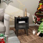 Black Nightstand with Charging Station and Storage