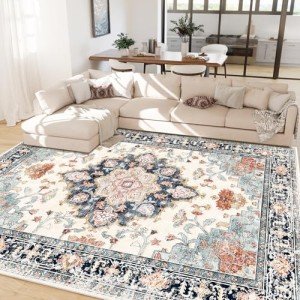 Blue-Beige Vintage 8x10 Machine Washable Area Rug
