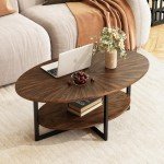 Oval Wood Coffee Table with Metal Cross Legs