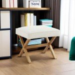 Modern Rectangular Ottoman Stool in Ivory Linen
