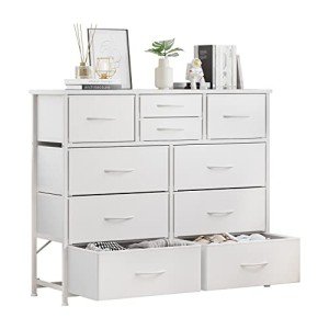 10-Drawer Fabric Dresser with Wood Top - White