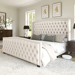 Cream Velvet King Size Platform Bed Frame