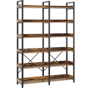 Vintage 6-Tier Industrial Wooden Bookshelf with Hooks