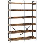Vintage 6-Tier Industrial Wooden Bookshelf with Hooks