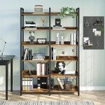 Vintage 6-Tier Industrial Wooden Bookshelf with Hooks