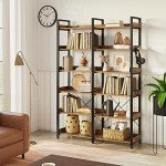 Vintage 6-Tier Industrial Wooden Bookshelf with Hooks
