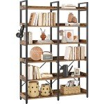 Vintage 6-Tier Industrial Wooden Bookshelf with Hooks