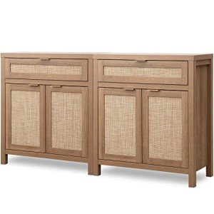 SICOTAS Rattan Buffet Cabinet Set, Natural Oak