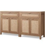 SICOTAS Rattan Buffet Cabinet Set, Natural Oak