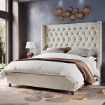 Cream Velvet King Bed Frame with Tall Headboard