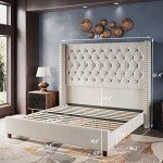 Cream Velvet King Bed Frame with Tall Headboard