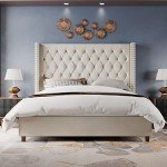 Cream Velvet King Bed Frame with Tall Headboard