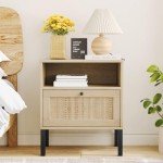 Set of 2 Boho Rattan Nightstands with Door