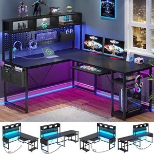 L-Shaped Gaming Desk with LED Lights and Storage