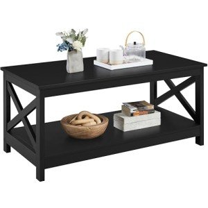 2-Tier Black Wood Coffee Table with Storage Shelf