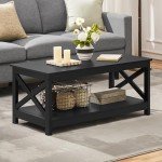 2-Tier Black Wood Coffee Table with Storage Shelf
