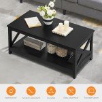 2-Tier Black Wood Coffee Table with Storage Shelf