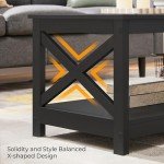 2-Tier Black Wood Coffee Table with Storage Shelf