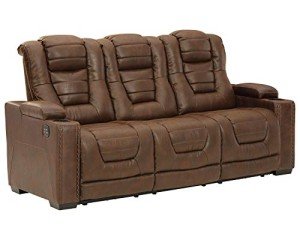 Brown Faux Leather Power Reclining Sofa with Headrest