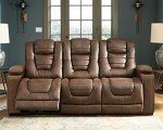 Brown Faux Leather Power Reclining Sofa with Headrest