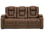 Brown Faux Leather Power Reclining Sofa with Headrest