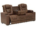 Brown Faux Leather Power Reclining Sofa with Headrest
