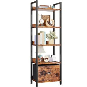 Tall 5-Tier Industrial Bookshelf with Drawer
