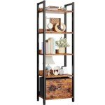 Tall 5-Tier Industrial Bookshelf with Drawer