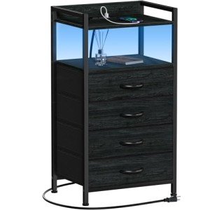 Black Night Stand with Charging Station and Storage