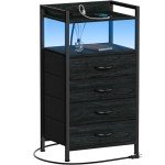 Black Night Stand with Charging Station and Storage