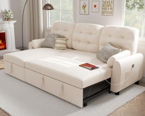 Beige Reversible Sleeper Sectional Sofa with Storage