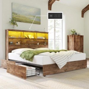 King Size Wooden Bed Frame with LED Headboard