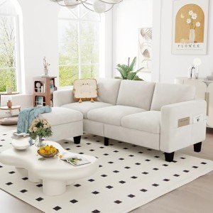 Beige Velvet Convertible Sectional Sofa with Ottoman