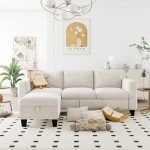 Beige Velvet Convertible Sectional Sofa with Ottoman