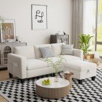 Beige Velvet Convertible Sectional Sofa with Ottoman