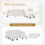 Beige Velvet Convertible Sectional Sofa with Ottoman
