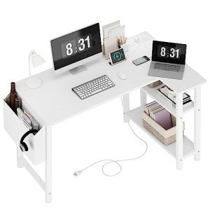 White L-Shaped Computer Desk with Power Outlet