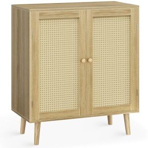 Storage Buffet Cabinet with Rattan Doors and Wood Legs