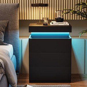 Modern Black Nightstand with Charging Station and LED