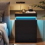 Modern Black Nightstand with Charging Station and LED