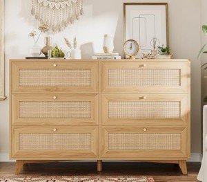 Modern 6-Drawer Rattan Dresser with Gold Handles