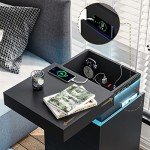 Modern Black Nightstand with Charging Station and LED