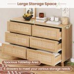 Modern 6-Drawer Rattan Dresser with Gold Handles