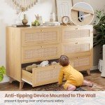 Modern 6-Drawer Rattan Dresser with Gold Handles