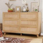 Modern 6-Drawer Rattan Dresser with Gold Handles