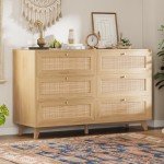 Modern 6-Drawer Rattan Dresser with Gold Handles