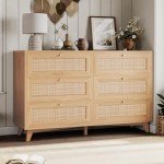 Modern 6-Drawer Rattan Dresser with Gold Handles