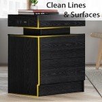 Modern Black Nightstand with Charging Station & LED Light