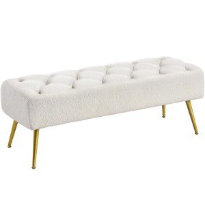 Ivory Velvet Ottoman Bench with Gold Legs