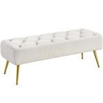 Ivory Velvet Ottoman Bench with Gold Legs